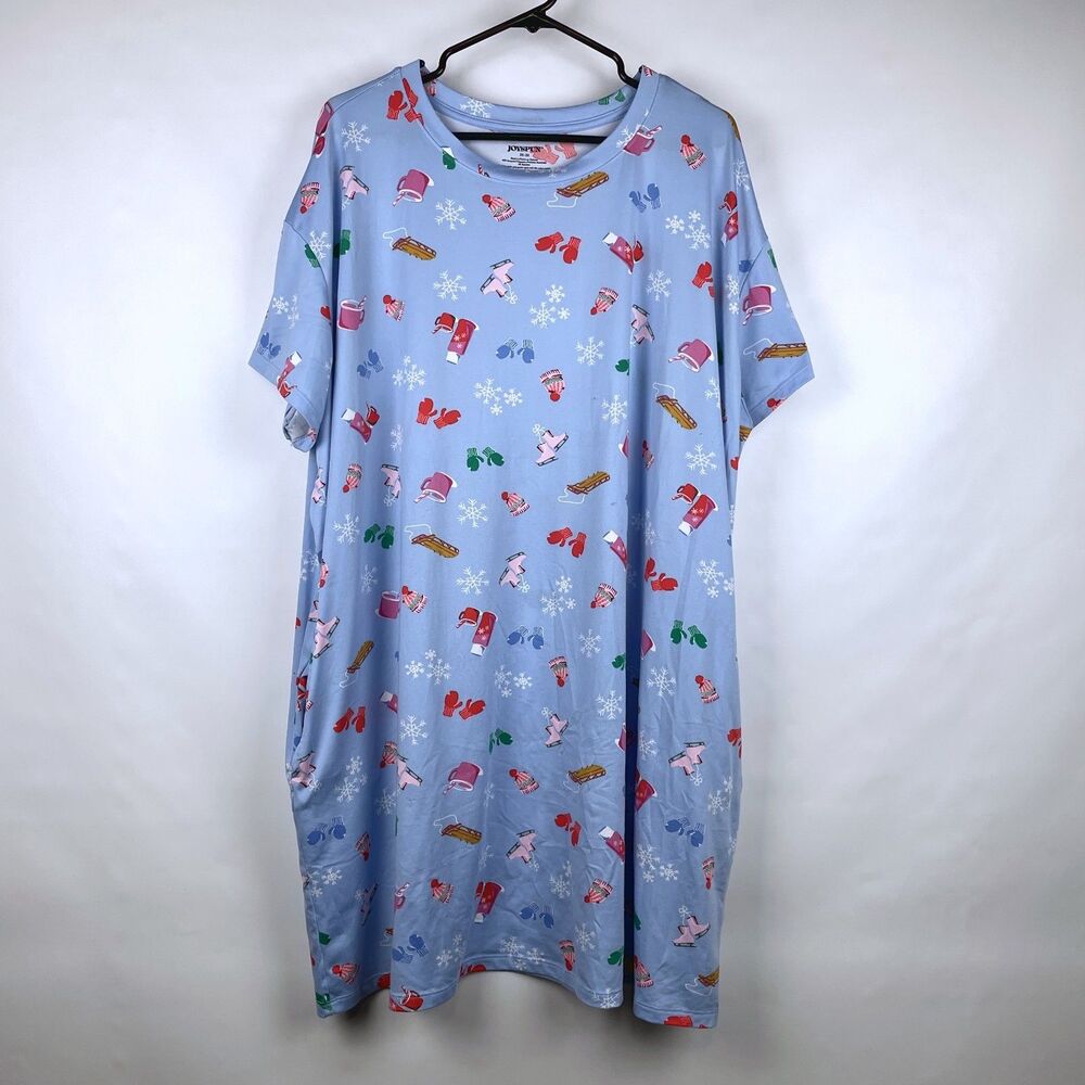Joyspun Women Plus 2X-3X Blue Holiday Winter Print Sleepshirt Pockets Loungewear